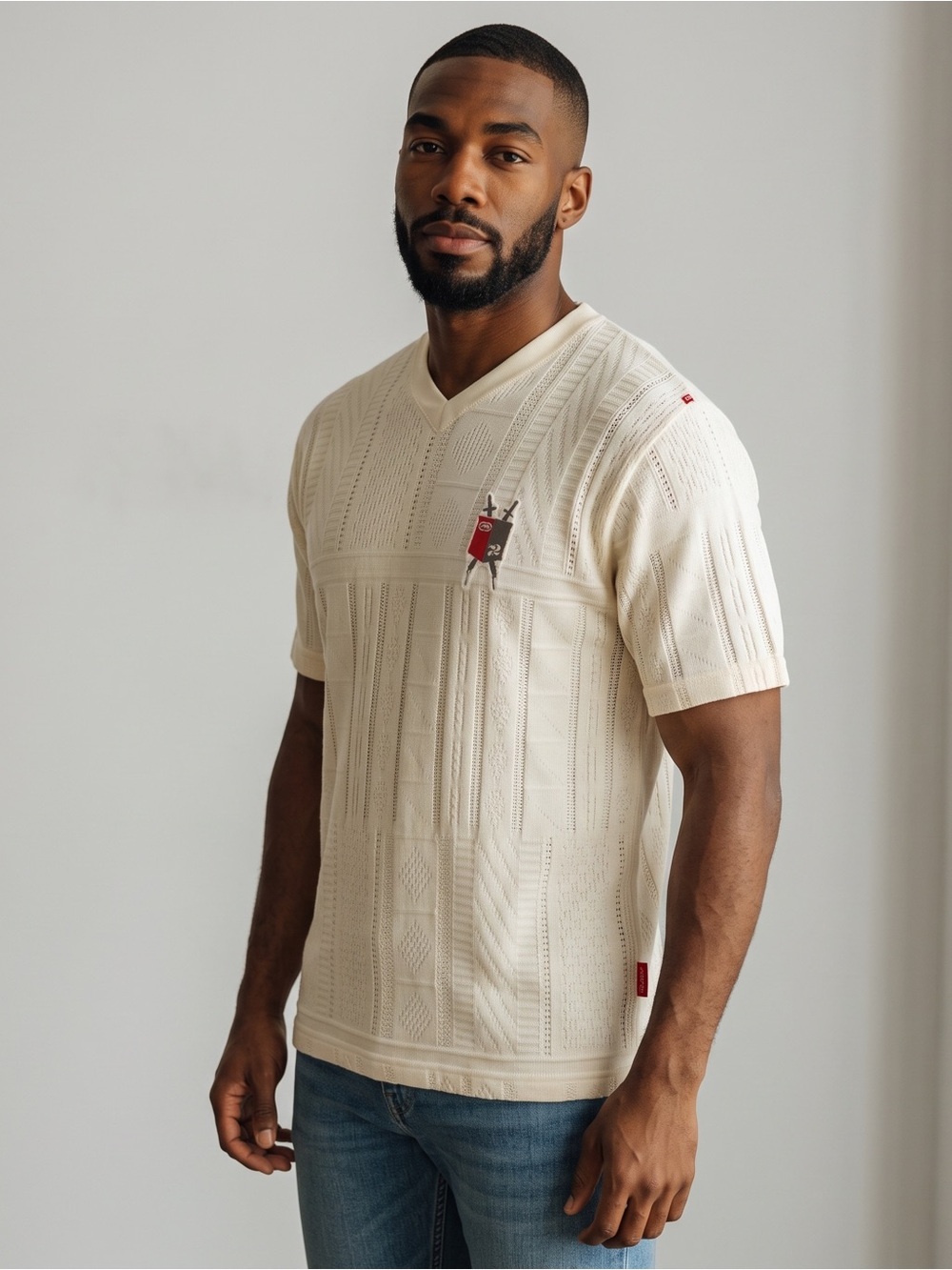 Ecko Unltd Vintage Y2K Cream Textured Knit V-Neck Short Sleeve Shirt. Hip hop